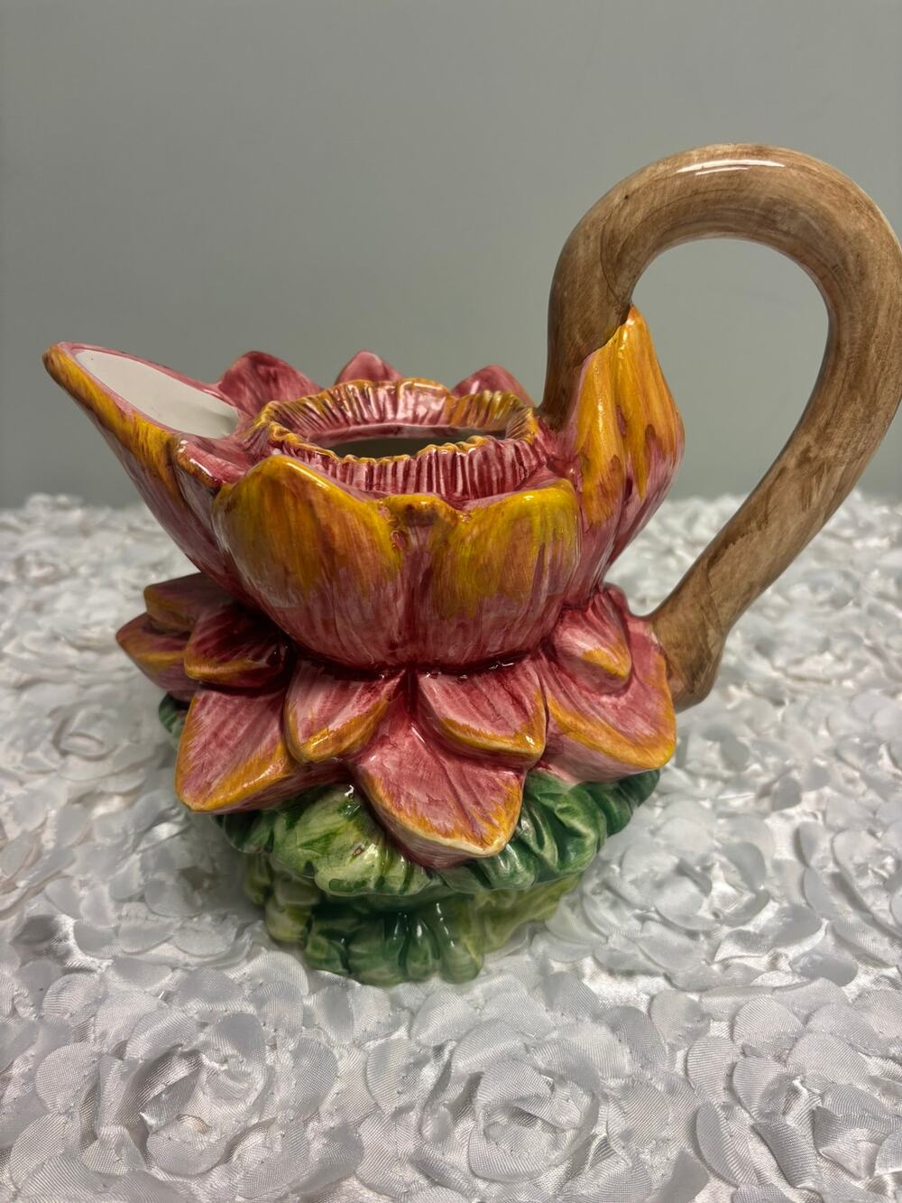 Vintage Bassano Italy Majolica Water Lily Pitcher Hand Painted Ceramic